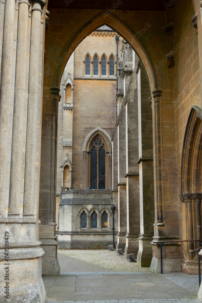 Pointed arches over main entrance of Arundel Cathedral frame the view of windows