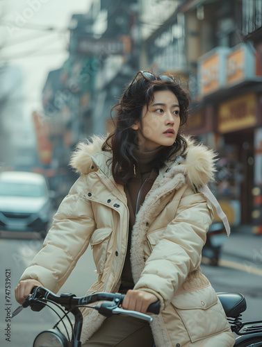 An Asian woman on a bicycle