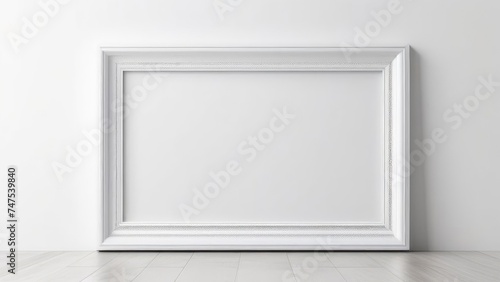 White blank frame on white wall. Mockup, white empty room. Minimalistic interior.
