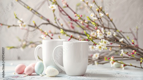 two blank white sublimation mugs against a super white Easter-themed background  with ample space for text.