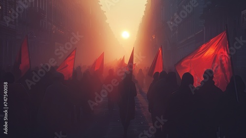 Labor Day unity: Diverse crowd, red flags emerge through fog in realistic film photo. Atmospheric details, lens flare add impactful realism.