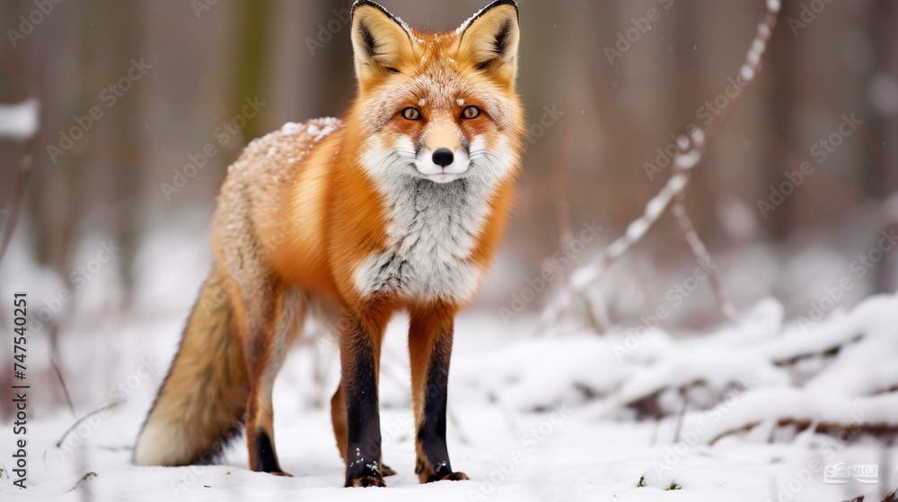 Fototapeta premium Fox on the winter forest meadow, with white snow. Red Fox hunting, Wildlife scene from Europe. Orange fur coat animal in the nature habitat.
