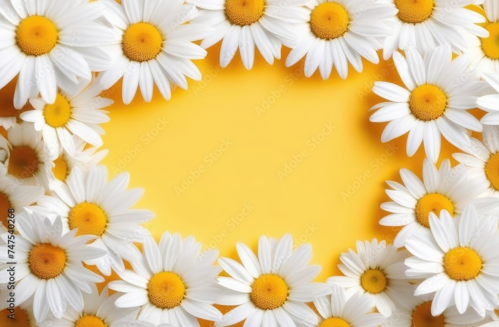 White daisies on yellow background. A frame made of flowers. There is place for text in middle. White daisies on yellow background. A frame made of flowers. There is place for text in middle.