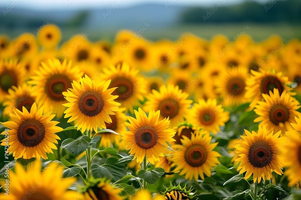Fototapeta premium beautiful field or bright yellow sunflowers 