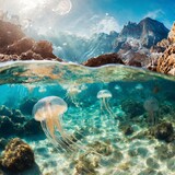 Grupo de medusas debajo del agua en una playa remota