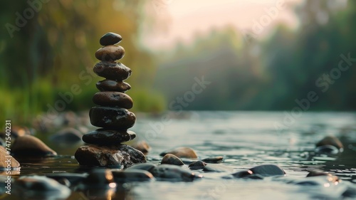 Zen stones in a river, a set of stacked rocks in a river, zen stones in a river and blurred trees in the background, copy space