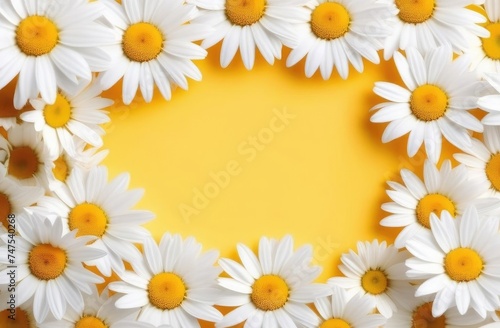White daisies on yellow background. A frame made of flowers. There is place for text in middle. © Vero