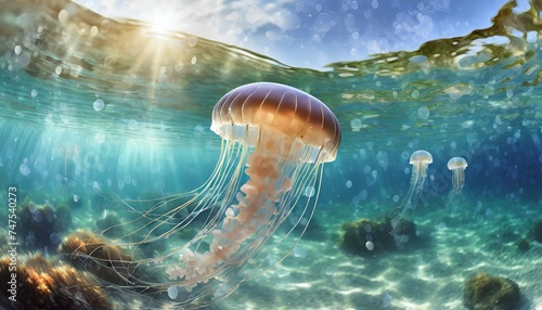 Grupo de medusas debajo del agua en una playa remota © eduardo