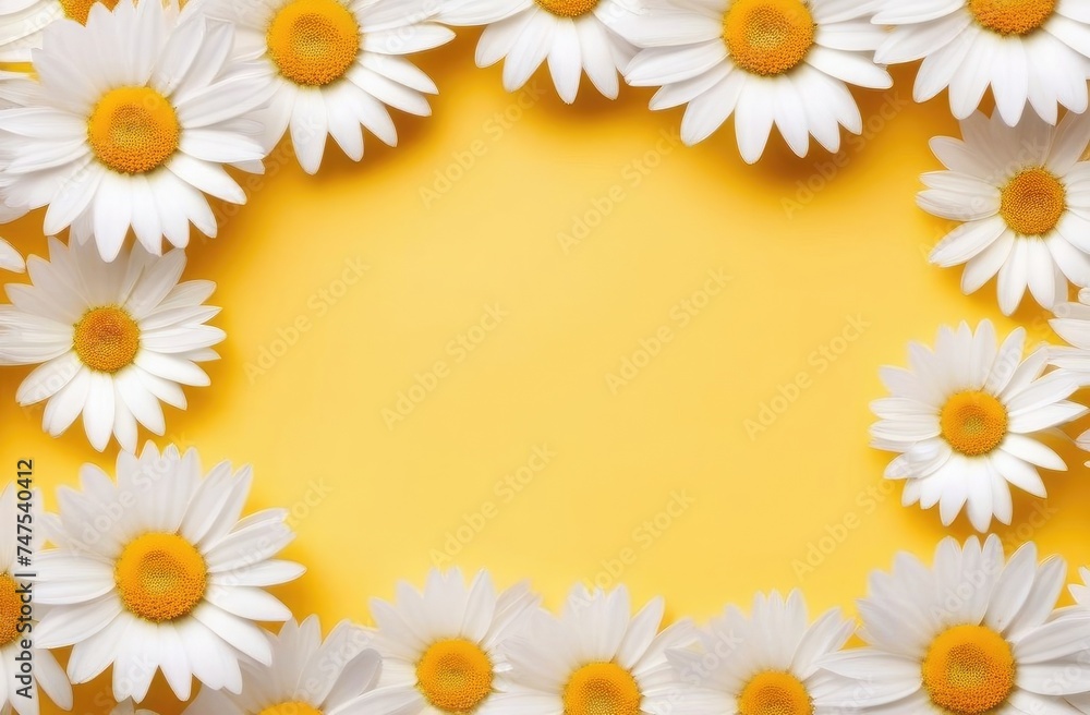 White daisies on yellow background. A frame made of flowers. There is place for text in middle. White daisies on yellow background. A frame made of flowers. There is place for text in middle.