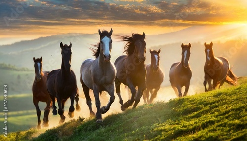 Grupo de caballos galopando en campo photo