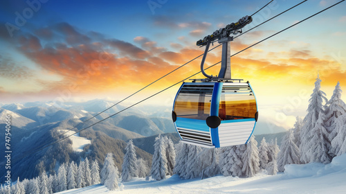 New modern spacious big cabin ski lift gondola against snowcapped forest tree and mountain peaks covered in snow landscape photo