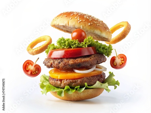 Flying ingredients of a classic cheeseburger sesame bun, onion rings, tomato slices and a juicy barbecue cutlet on a white background.