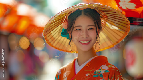A japanesse woman in her 20s smiling on hot summer day photo