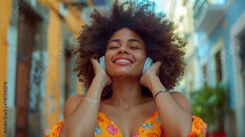 African American woman with an afro hair listening to music on headphones in summer time © aciddreamStudio