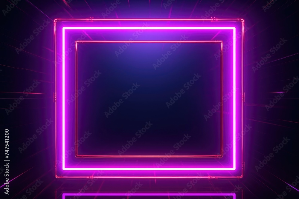 Neon glowing rectangle frame, backlit on a black background. - obrazy, fototapety, plakaty 