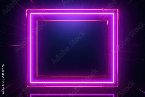 Neon glowing rectangle frame, backlit on a black background. photo