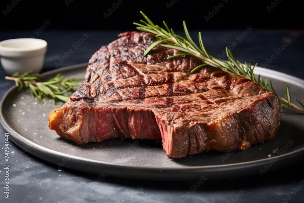 Highly detailed close-up photography of a delicious medium rare ribeye steak on a rustic plate against a polished cement background. AI Generation Highly detailed close-up photography of a delicious medium rare ribeye steak on a rustic plate against a polished cement background. AI Generation