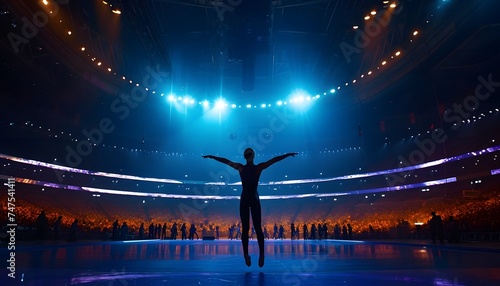 silhouette of person performing on large stage with bright blue lights talented performer  photo