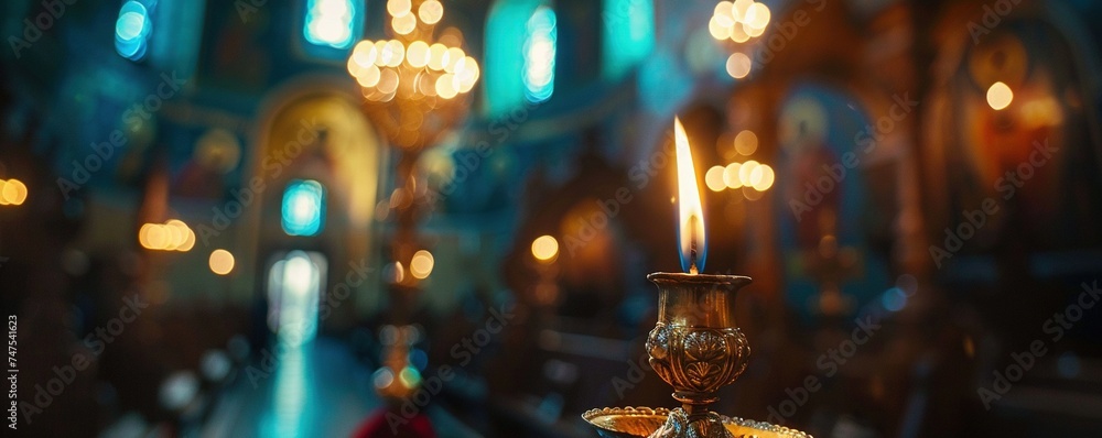 Fototapeta premium The candle flame in orthodox church, close up