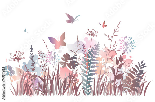 Meadow herbs and flying butterflies. Flowering summer or spring field in watercolor style.
