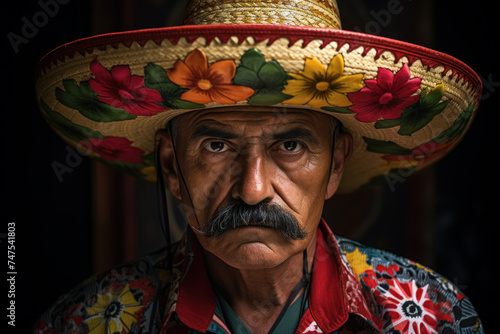 Old mexican man in traditional hat sombrero and bright clothes