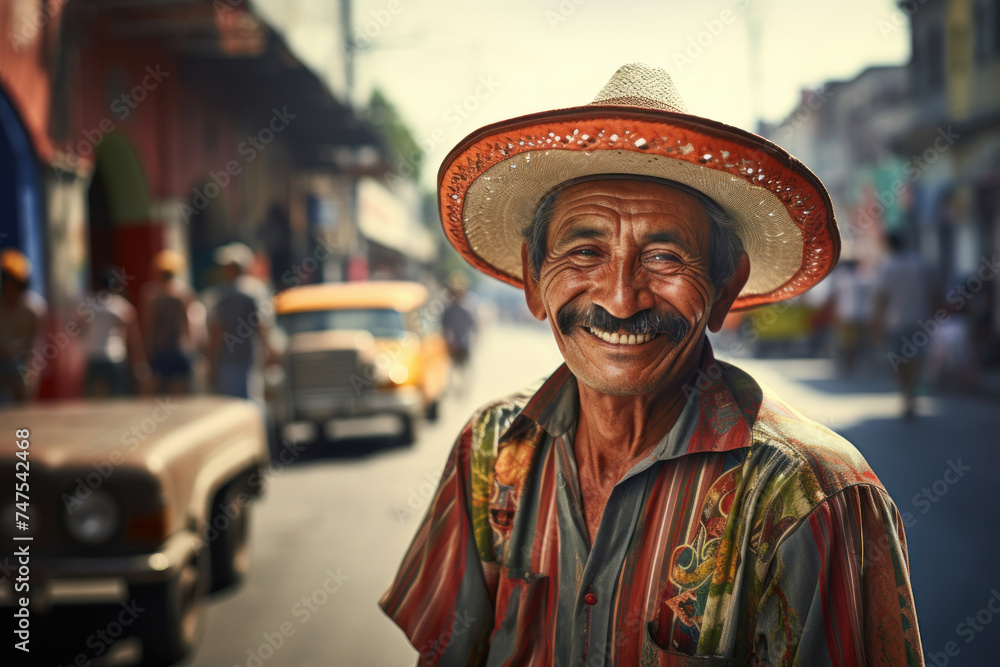 A handsome man in a traditional sombrero hat on the street