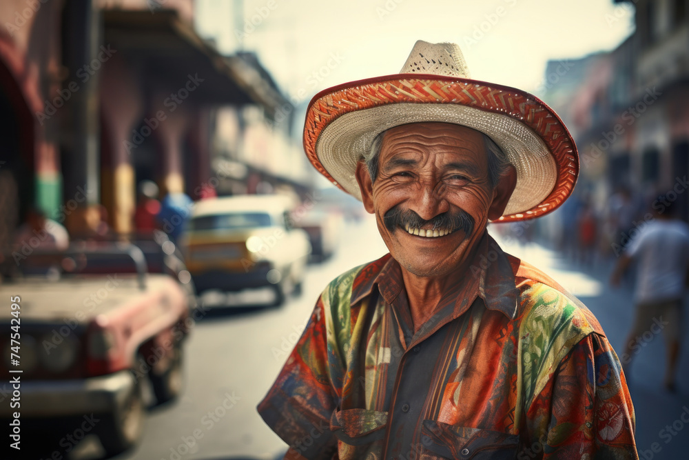 A handsome man in a traditional sombrero hat on the street