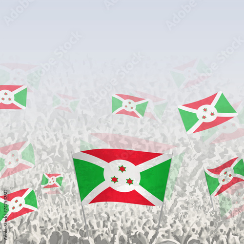 Crowd of people waving flag of Burundi square graphic for social media and news.