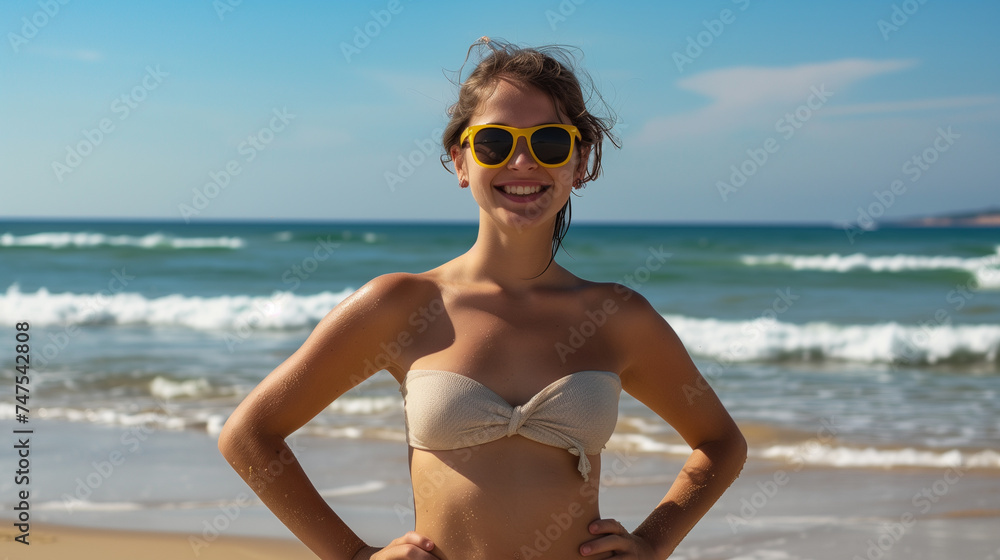 young brunette woman on the beach standing on the sand smiling looking at camera in summer time