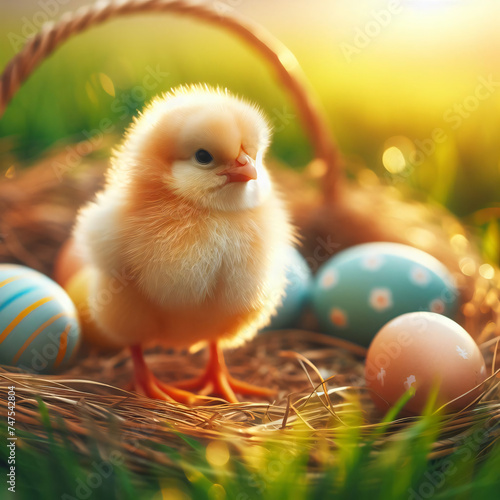 Happy Easter day. A small chicken sitting in a nest with eggs
