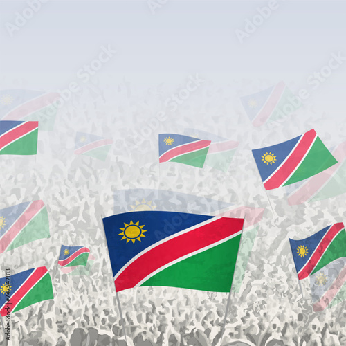 Crowd of people waving flag of Namibia square graphic for social media and news.