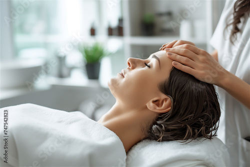 A dermatologist or trichologist massages the patient’s scalp. Hair loss treatment, baldness treatment and treatment concept for design and medical use.