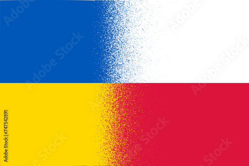 Ukrainian and Polish national flags, Poland and Ukraine background for blockade of the border between countries, conflict of partnership, crisis between countries banner, web, frame for text photo