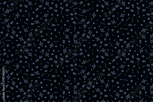 Vector abstract minimalist seamless pattern. Simple black and blue texture in hipster memphis style. Stylish modern minimal background with small geometric shapes. Funky repeated design for wallpapers