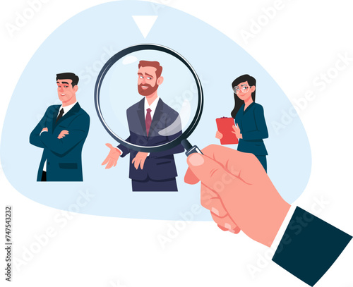 Сoncept of selecting best best employee for company, hand with magnifying glass selects future employee for office.