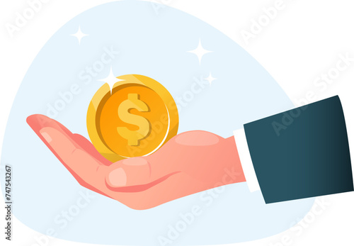 Businessman large hand holds gold coin with dollar sign, concept of financial reward.