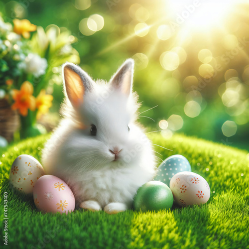 Happy easter day. A bunny sitting in a basket with easter eggs