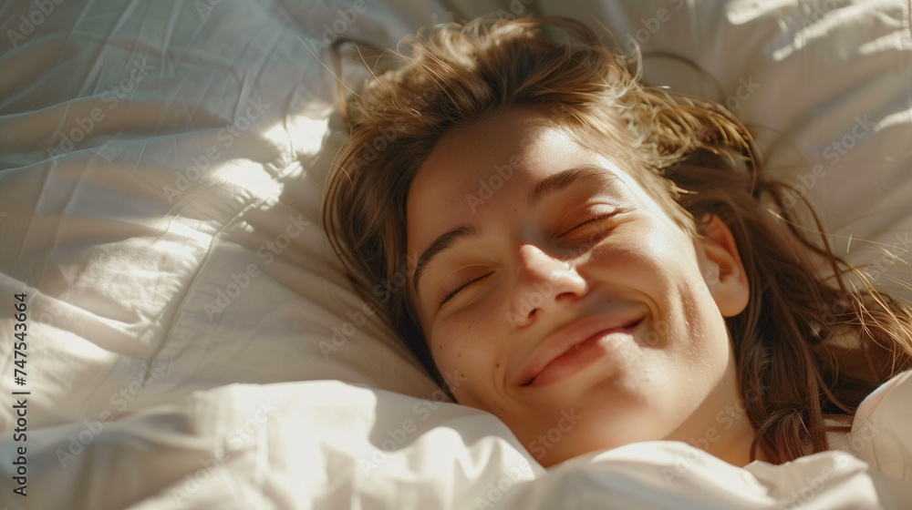 A woman smiling peacefully while lying in bed A woman smiling peacefully while lying in bed