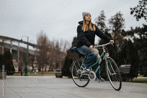 Fototapeta Naklejka Na Ścianę i Meble -  Casual young woman enjoying a peaceful bike ride in urban park setting.