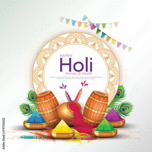 Happy holi festival poster template with holi powder color bowls on white background.