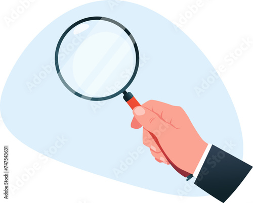 Businessman hand holds large magnifying glass, concept of searching and magnifying 