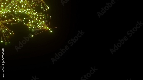 futuristische gelb grün leuchtende synchrone Netzwerkverknüpfungen mit Knotenpunkten, Fraktal, Muster, Kreis, Links, Verbindungen, KI, Internet, Server, Plexuseffekt, System, FTTH, Daten, leuchten 