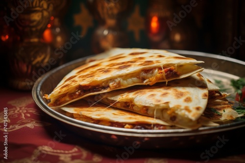 Macro detail close-up photography of a delicious quesadilla on a plastic tray against a vintage wallpaper background. AI Generation