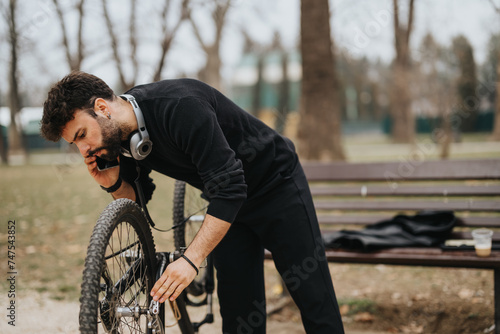 Fototapeta Naklejka Na Ścianę i Meble -  Serious entrepreneur outdoors troubleshooting bike tire, exemplifying multitasking and problem-solving skills.