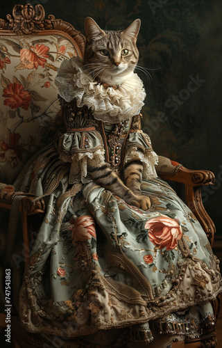 Regal Cat in Vintage Attire - A Detailed Portrait of a Cat Dressed in Elegant Historical Clothing Sitting on an Ornate Chair © Canvas Elegance