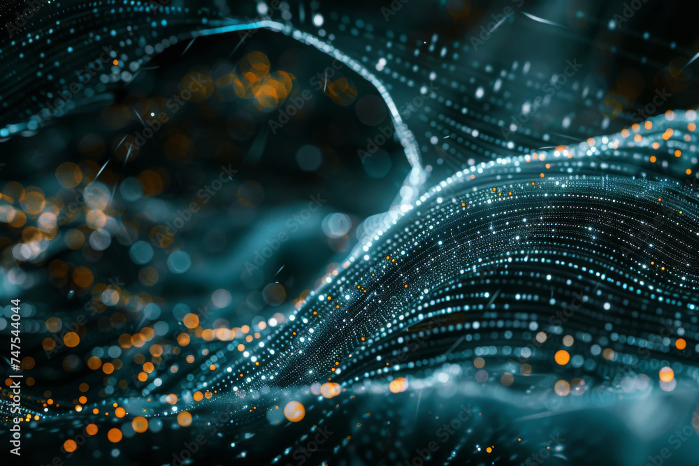 A blue and orange background with dots and lines