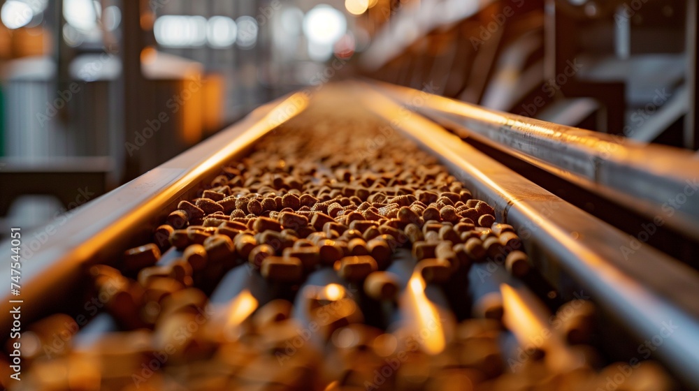 Manufacturing process where a conveyor belt transports biobased pellets ...