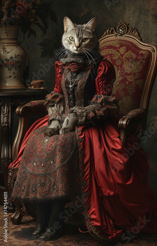 Elegant Cat in Vintage Victorian Dress Sitting on an Ornate Chair - A Creative and Whimsical Digital Art Piece for Pet Lovers and History Enthusiasts