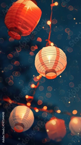 Paper red-white asian japanese chinese lanterns chochin akachochin shines on dark sky. A garland of paper lanterns glows at night. photo
