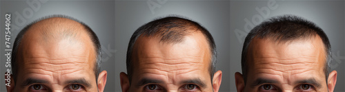 Collage of 3 photos a man with a hair loss problem before and after treatment, anti-hair loss procedures, hair transplant, on a gray background, collage. Appointment with a trichologist. photo